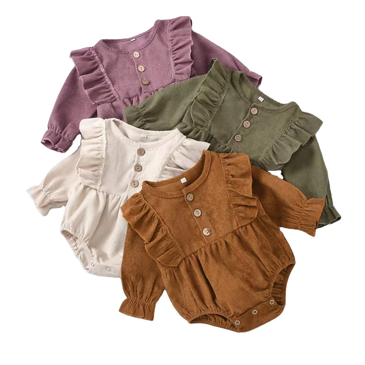 

Cheap Wholesale Baby Romper Corduroy Ruffle Long Sleeve Solid Newborn Girls Jumpsuit Front Buttons Infant Bodysuits Girls