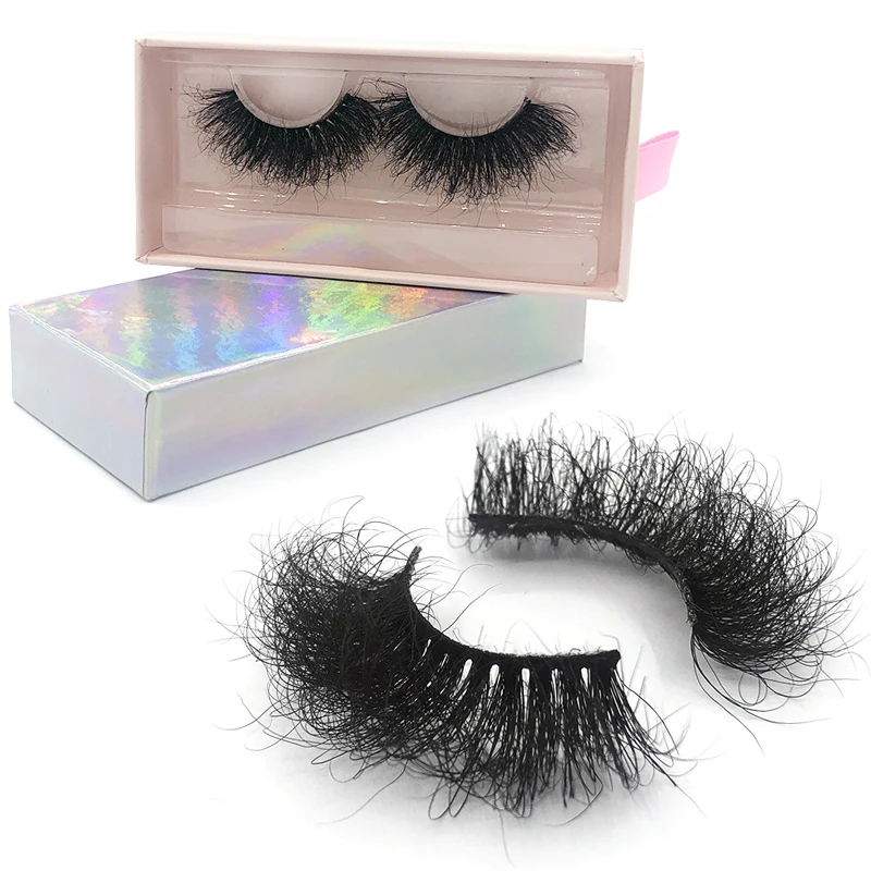 

AJ006 New Arrival Strip Mink Eyelash 25mm D curl Supper Fluffy Real Mink Eyelashes With Custom Lash Box, Natural black lashes