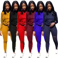 

07558NA wholesale 6 colors ripped hooded outfits two piece set women clothing