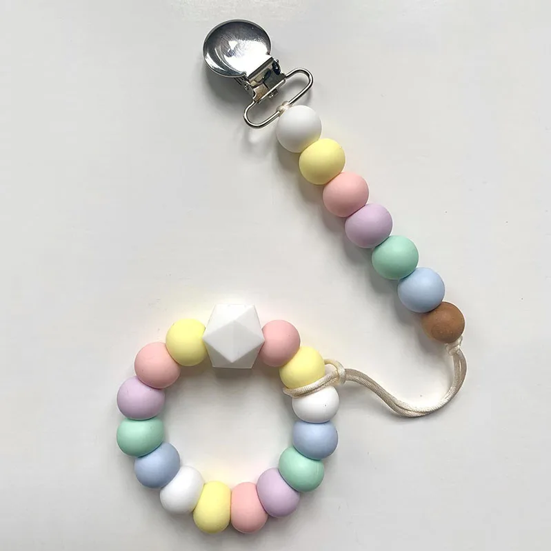 

Food Grade Silicone Baby Teething Pacifier Clip With Silicone Beads Bracelet