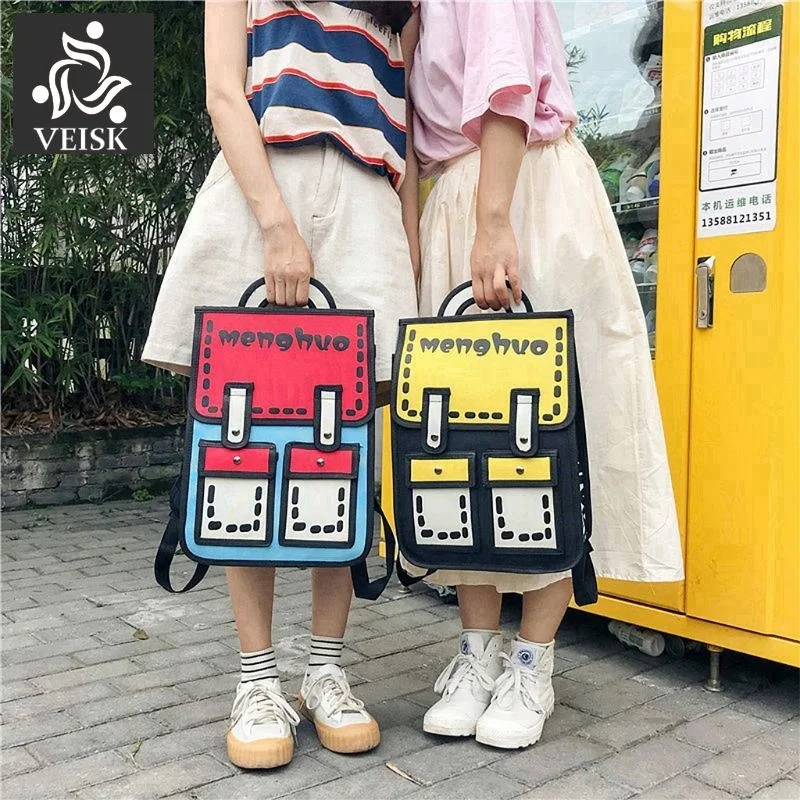 

Fashion Backpack 3D Jump Style 2D Drawing Cartoon Paper Bag Comic Backpack Rucksack Bookbag New