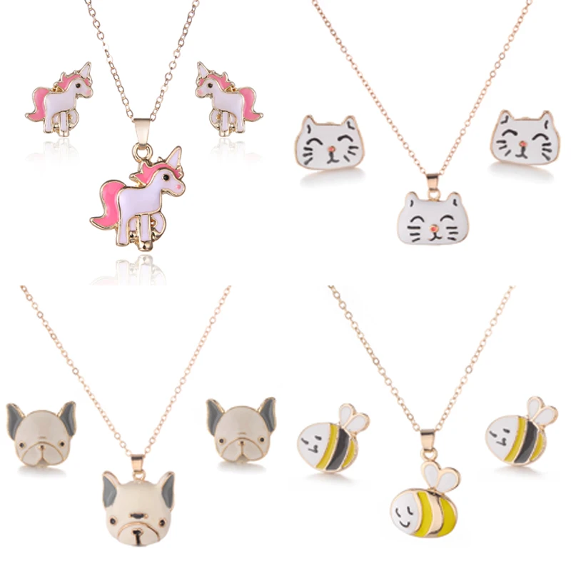 

Necklaces And Earrings Set Of Unicorn/Bees/Bulldog/Cat Cute Animal Jewelry Sets Suit For Women Girls Wedding Gift