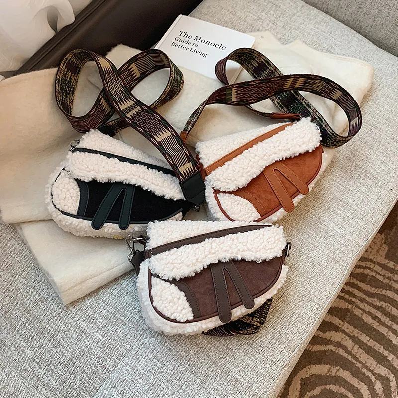 

New trend product Fashion Luxury fur purses and handbags winter warm bag Saddle women handbags ladies hand bags, 3 colors