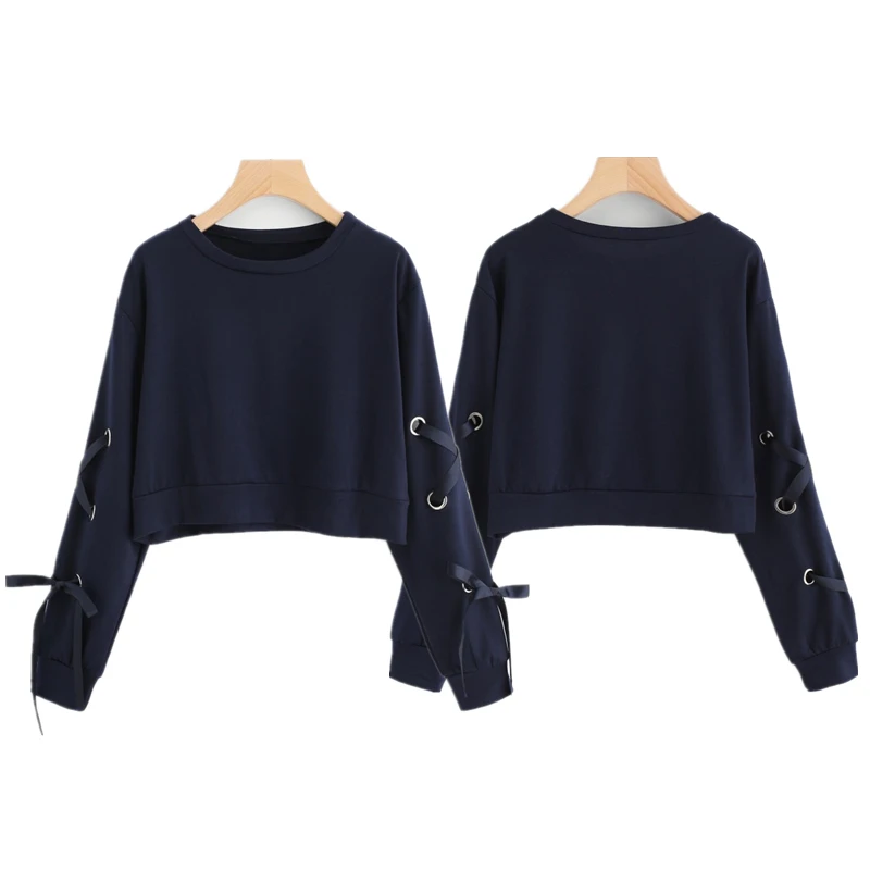 

Dropshipping Custom Women Lace Up Long Sleeve Bandage Pullover Crop Top Hoodie Casual Cropped Top Sweatshirt Sweat Streetwear
