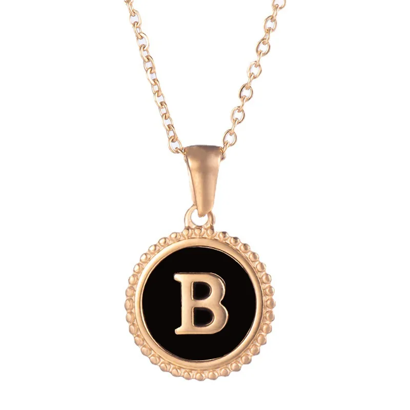 

Simple Fashion Stainless Steel Round Tag Inlaid Black Shell 26 English Alphabet Necklace Wholesale 2021, Like picture