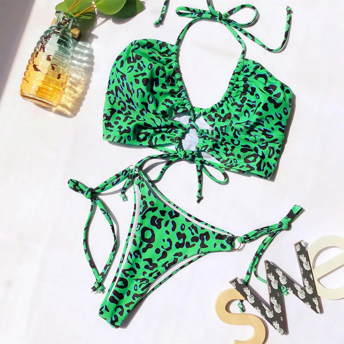 2020 Hot Sexy Two Piece Swimwear Custom Print Brazilian Sexy Bandage Leopard Bikini High Waist 8649