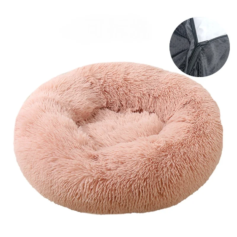 

2021 Hot Selling Soft Comfy Calming Plush Donut Pet Bed Drop shipping Luxury Solid Fluffy Round Cat Bed House Cave for Dogs Bed, Grey,brown,blue,purple,yellow,pink...