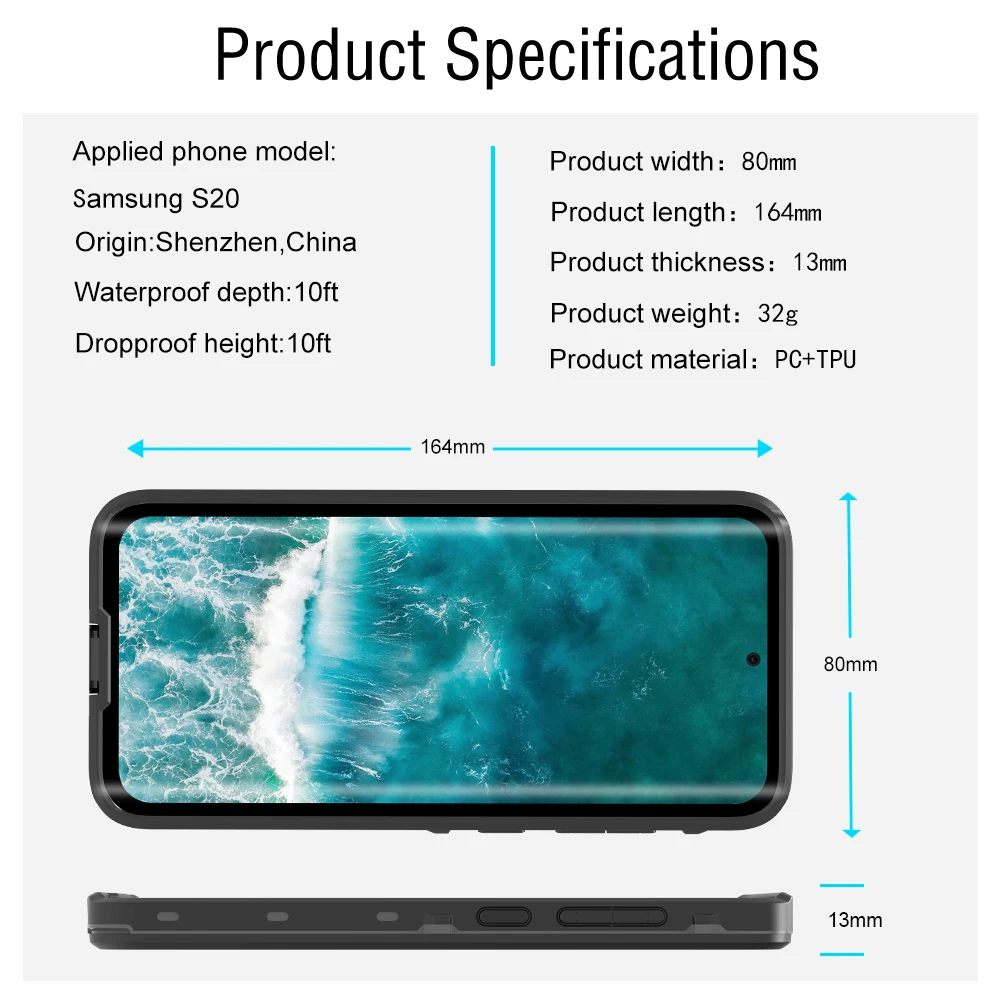 Custom IP68 Waterproof Shockproof TPU PC Water proof Phone Case For Samsung s20