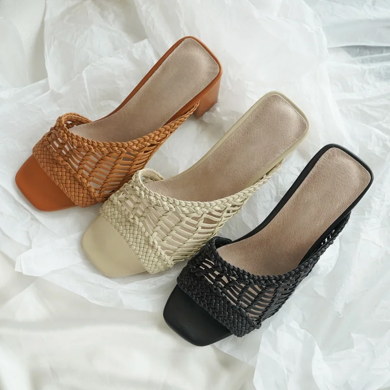 

New design chunky heel woven designer shoes size 43 women sandals