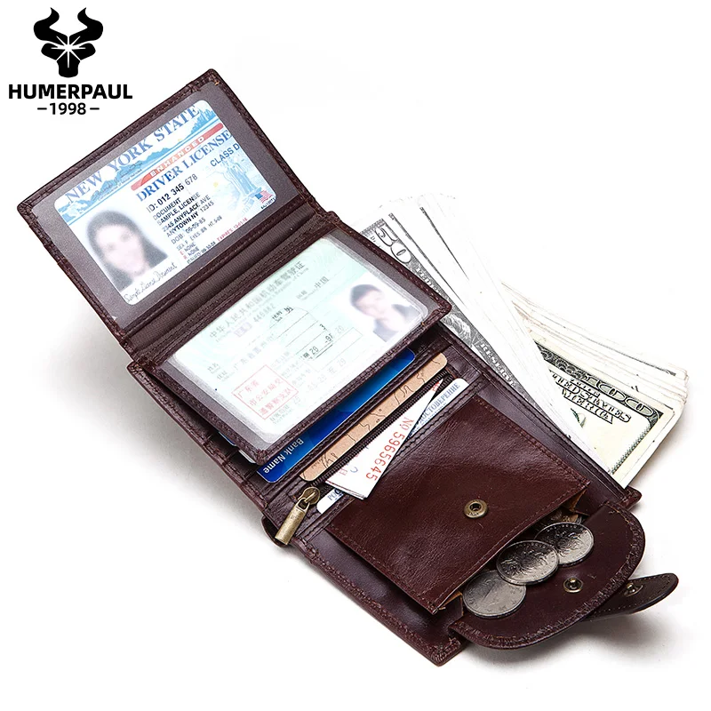 

HUMERPAUL Dropshipping Wholesale Cow Leather Mini Leather purse Men Fashion With Chain Coin Pocket Trifold Wallet For Men