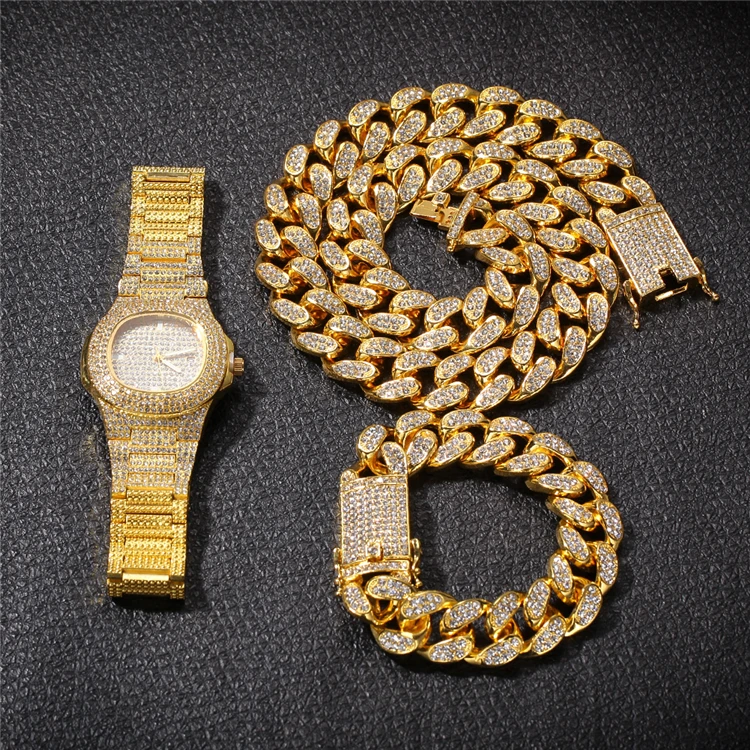 

Men's Hips Hops Punk Rap Jewelry 2Pcs/Set 18K Gold Plating 20mm Bling Crystal Cuban Chain Necklace Bracelet