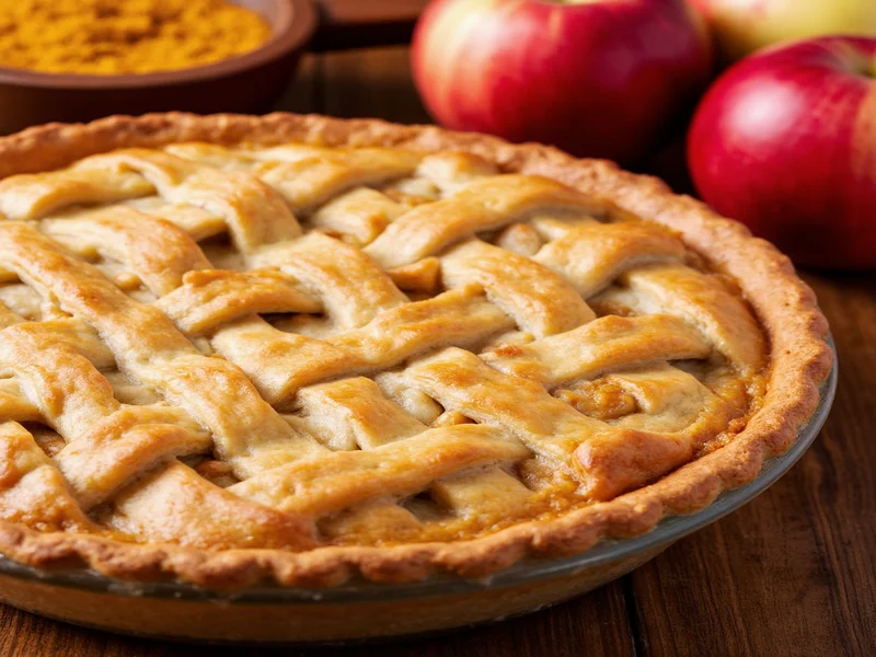 Golden apple pie with lattice crust on wooden table