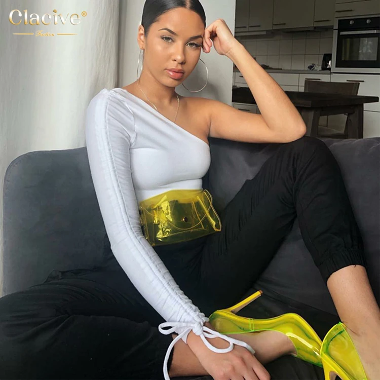 

Clacive Trendy Clothes Casual Soild Multicolor Top One-Shoulder Crop Top Asymmetry Tops Sexy 2021 Autumn Tops Women, Black-white-blue