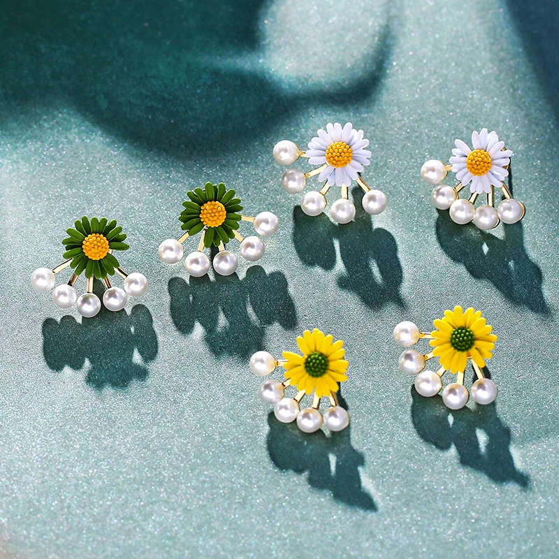 

Trendy Korean Fashion Simple White Green Yellow Sunflower Daisy Flower Dangle Pearl Earrings, Yellow, white, green.