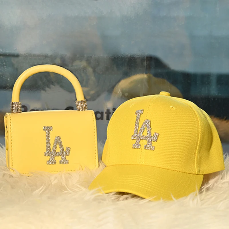 

Rhinestone LA Purse And Hat Set Ladies Small Shoulder Handbag And Cap Women Fashion Diamond Mini Crossbody Bag With Matching Hat