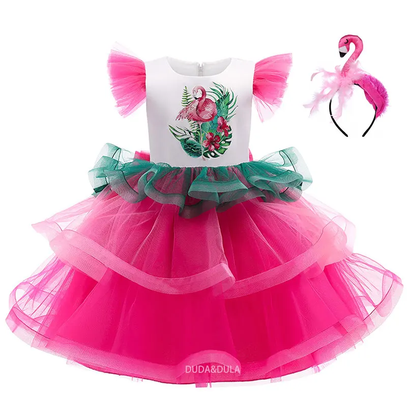 

Girl Summer Tutu Dress Children's Girl Princess costume Flamingo Headpiece Hair Hoop Set, Photo