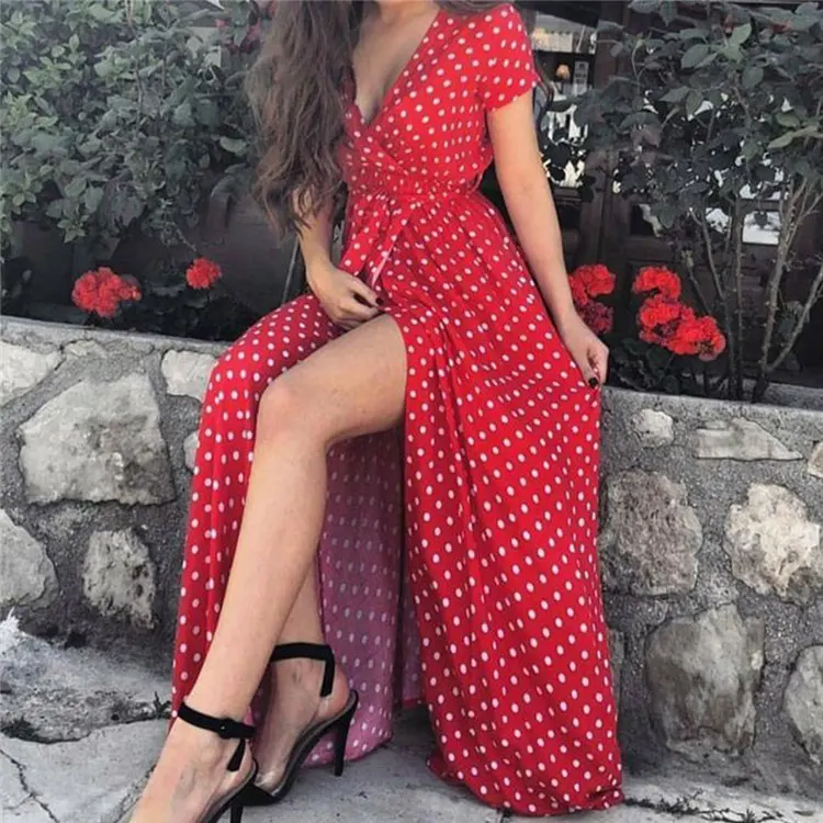 

Women Polka Dot High Split Chiffon Dress Summer Sexy V-neck Beach Boho Dress Short Sleeve Casual Maxi Long Dresses Plus Size