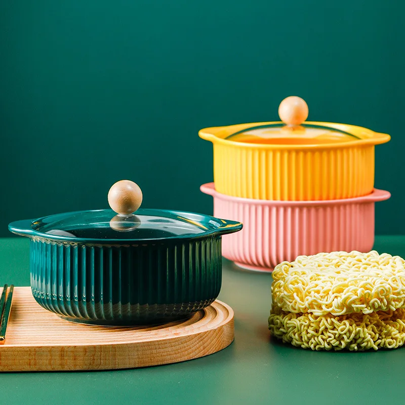 

Hepburn pot glass cover Japanese amphorae soup bowl household ceramic instant noodle bowl large soup basin with cover, Red,green,pink,yellow