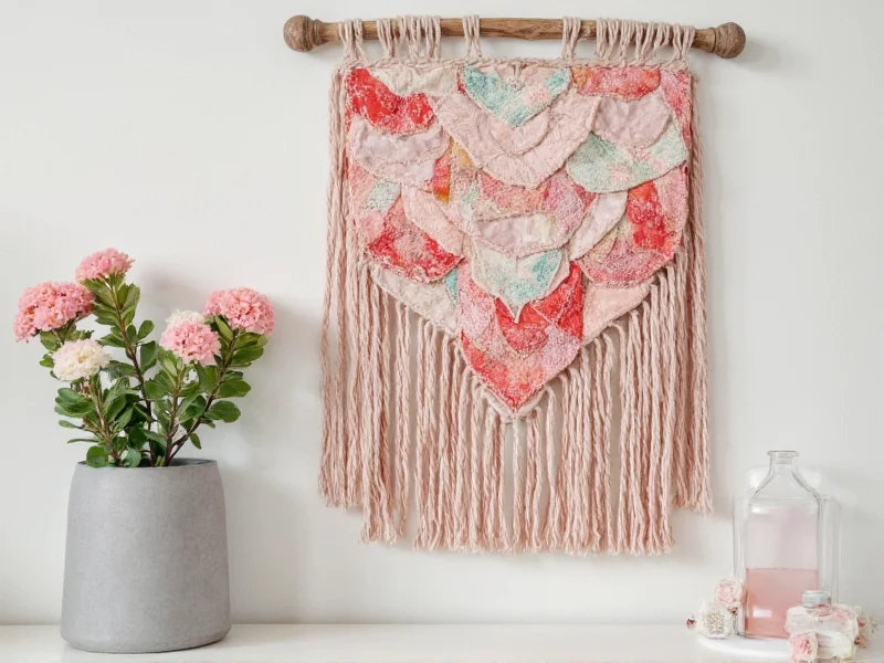 Handmade wall hanging created from fabric scraps on wooden frame
