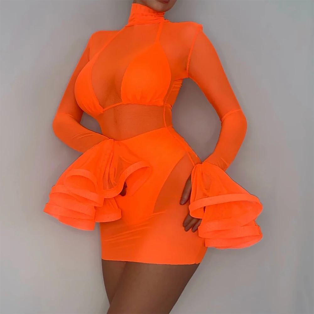 

Orange Stylish Stand Neck Ruffle Long Sleeve Stretch Mesh Inner Bra Sheer Sexy Wrap Outfits Club Dress Three Piece Set, Customized color