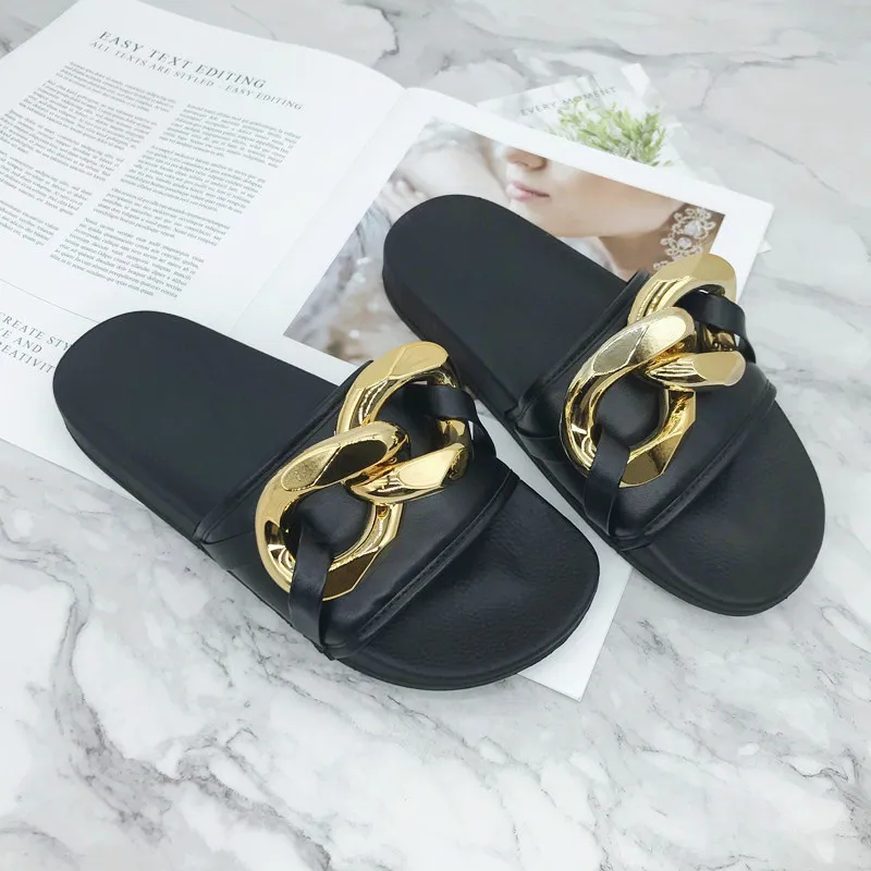 

Large metal chain slippers cheap price ladies home simple slippers, Customized color