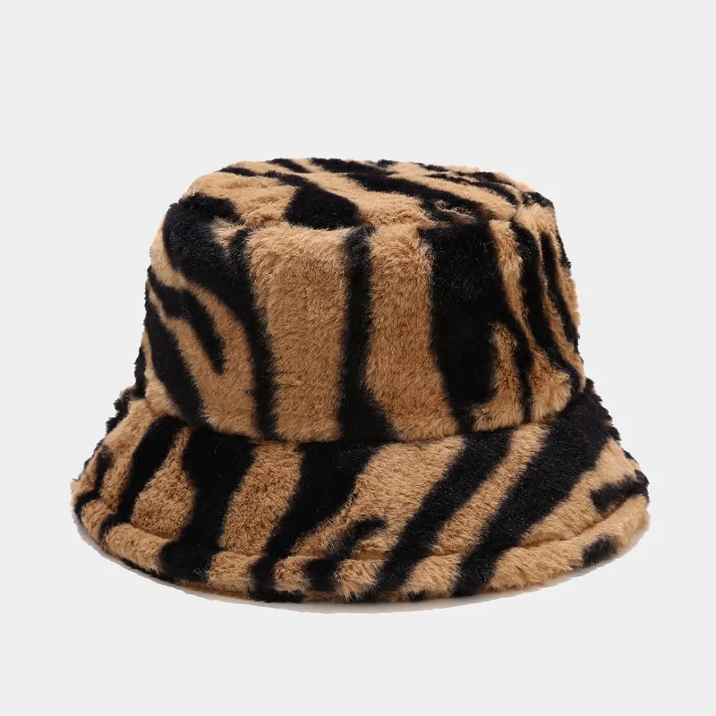 2021 trendy winter zebra pattern bucket hat korea style outdoor all-match Faux Fur warm hat for woman