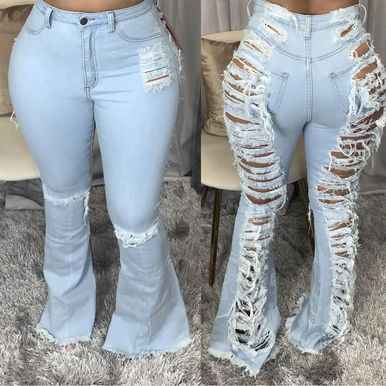 

Hot sale stretch bell bottom distressed ripped ladies jean pants for women