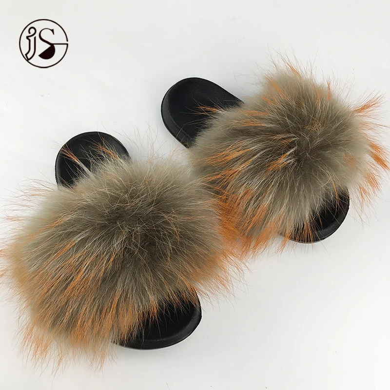 

2021 Colorful good selling Various Styles furry sandals Exquisite real big raccoon fur slippers Plush fur slides for ladies, Picture