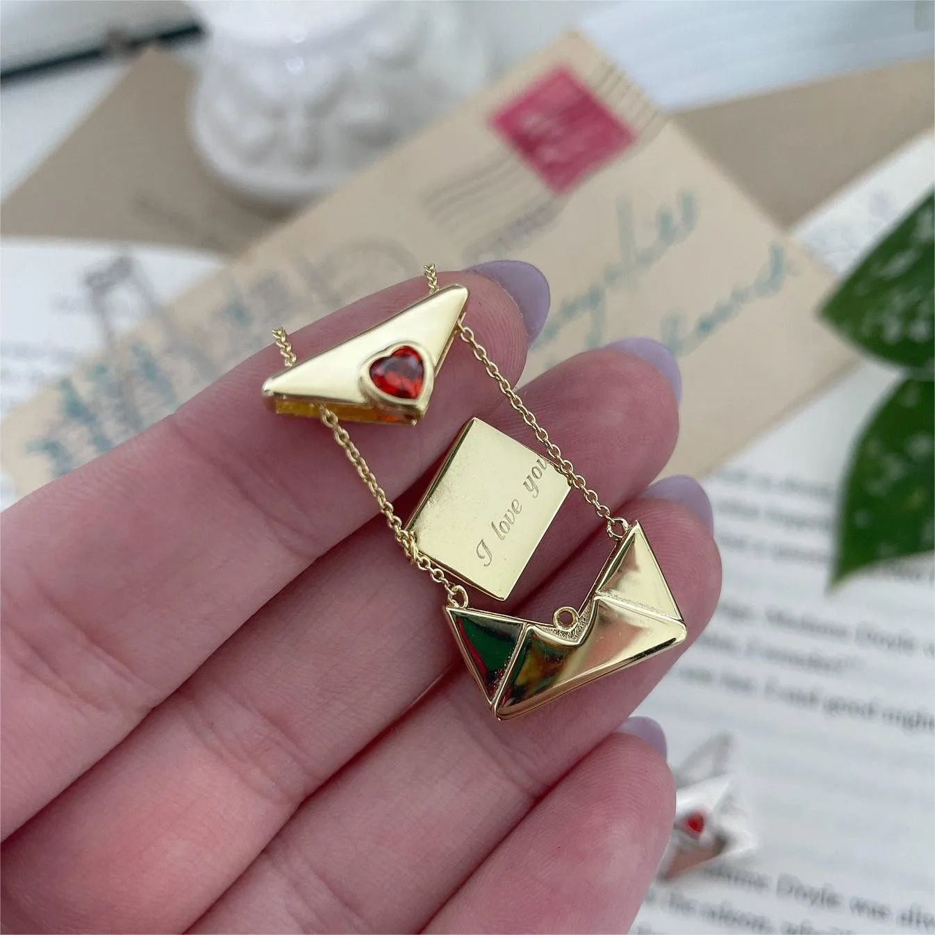 

Lateefah OEM 316L Stainless Steel Heart Envelope love letter Box Necklace