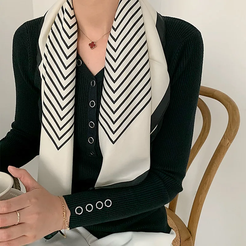 Women's New in Season Spring Summer Striped Black White Printed Square Scarf Simple Fashion Imitation Silk Made from Polyester