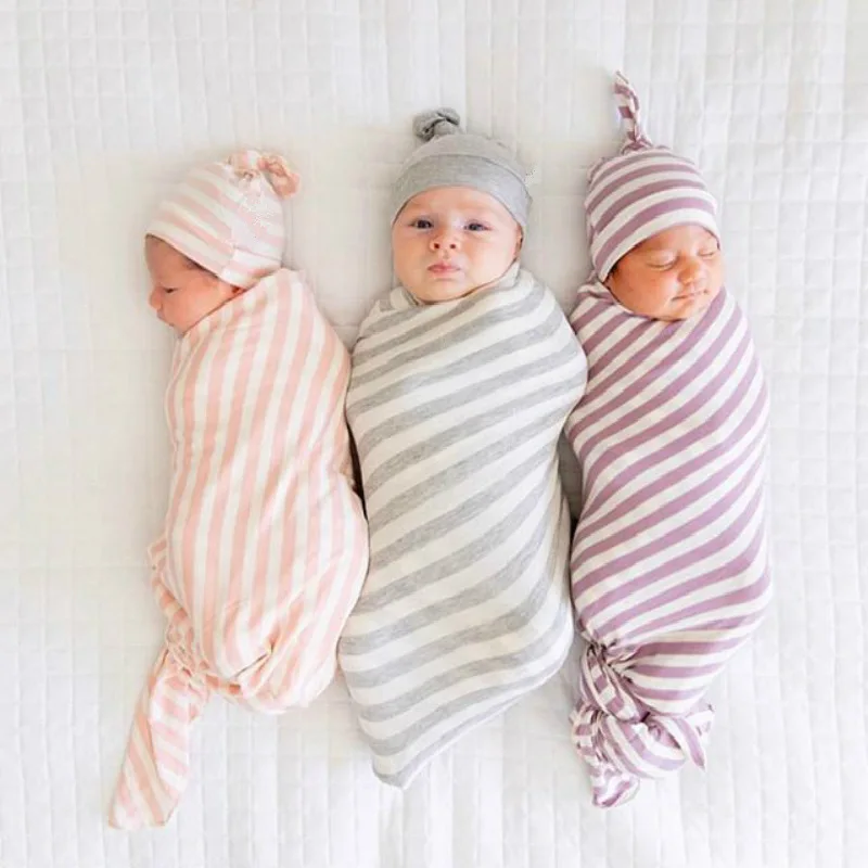 

Baby Cotton Striped Blanket Toddler Sleepsacks Wrapped Towels Infant Knotted hat Baby Sleeping Bags hat Sets Newborn gown M262