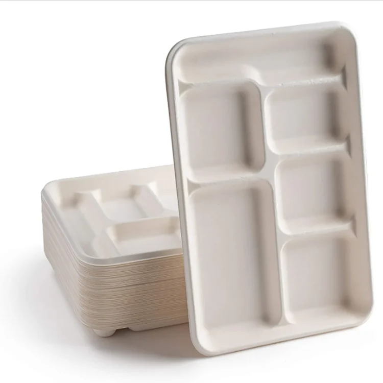 

Sugarcane Biodegradable 5 Compartment Tray Compartment Disposable Food Tray 5 Section Bagasse Tray, White/burlywood