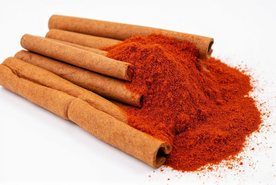 Cinnamon and cayenne spices in glass jars with measuring spoons