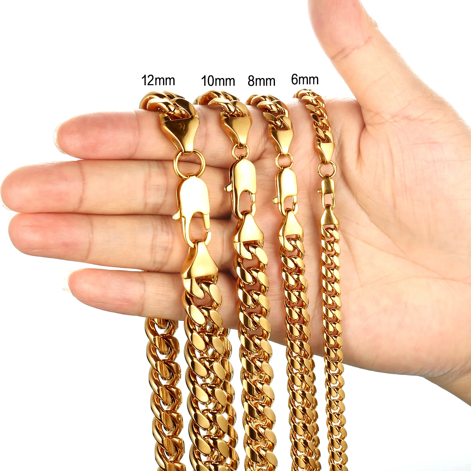 

Hot Selling 6/8/10/12mm Men Necklace Stainless Steel Cuban Chain 18 K Gold Color Encryption Single Six Gold Necklace