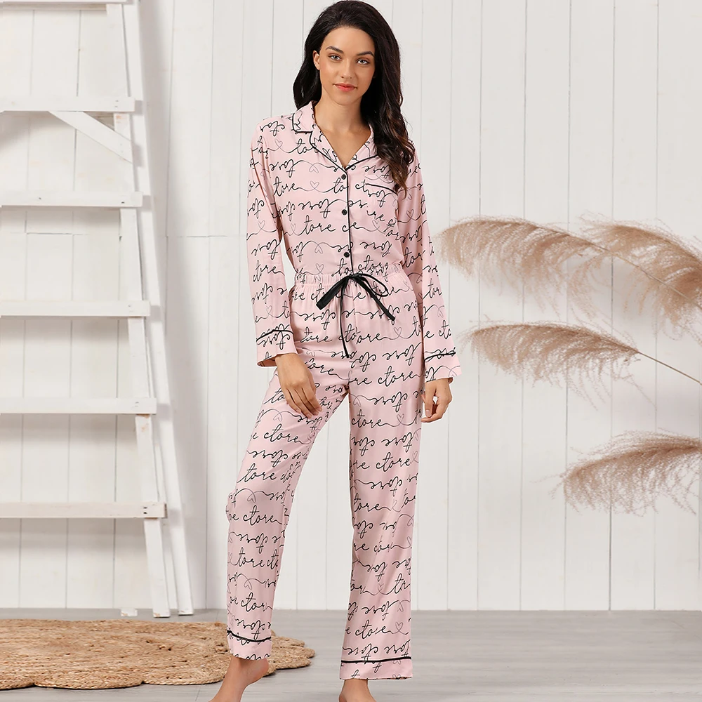 

Letter print pijamas inverno femenina largos pantalon chinos en algodon 2pc pajamas set breathable nightwear for women ladies, Pink