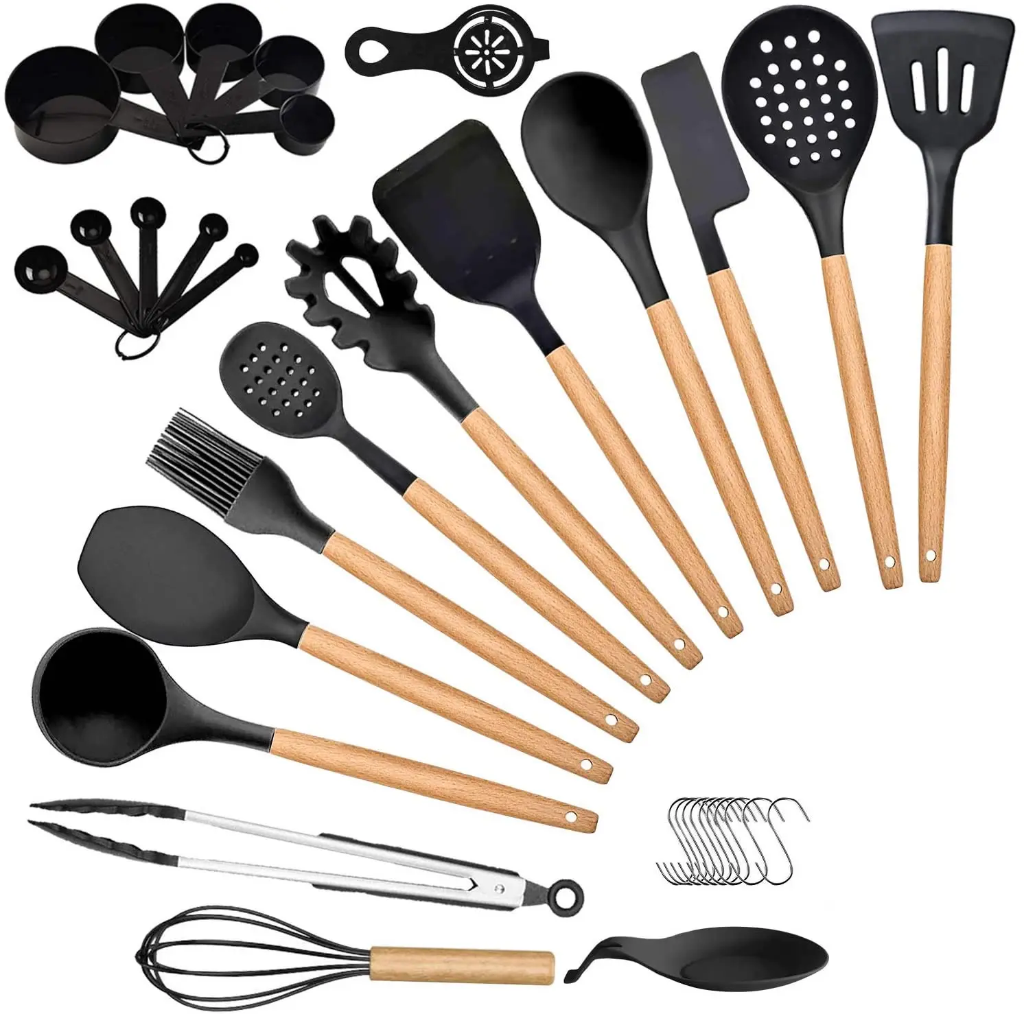 

Amazon Hot Sale 35-piece Black Non-stick Heat-resistant kitchen utensils silicone set with wooden handle