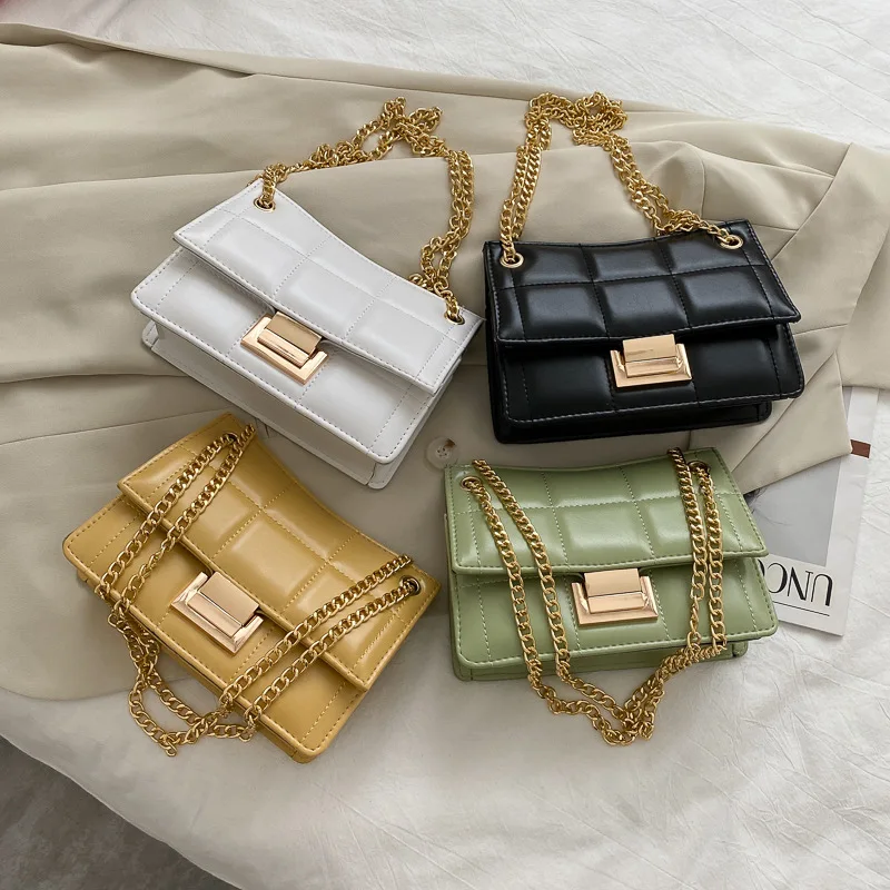 

2021 New Fashion Embroidery Line Metal Chain Famous Brand Handbags Armpit Solid PU Leather Handbags For Women