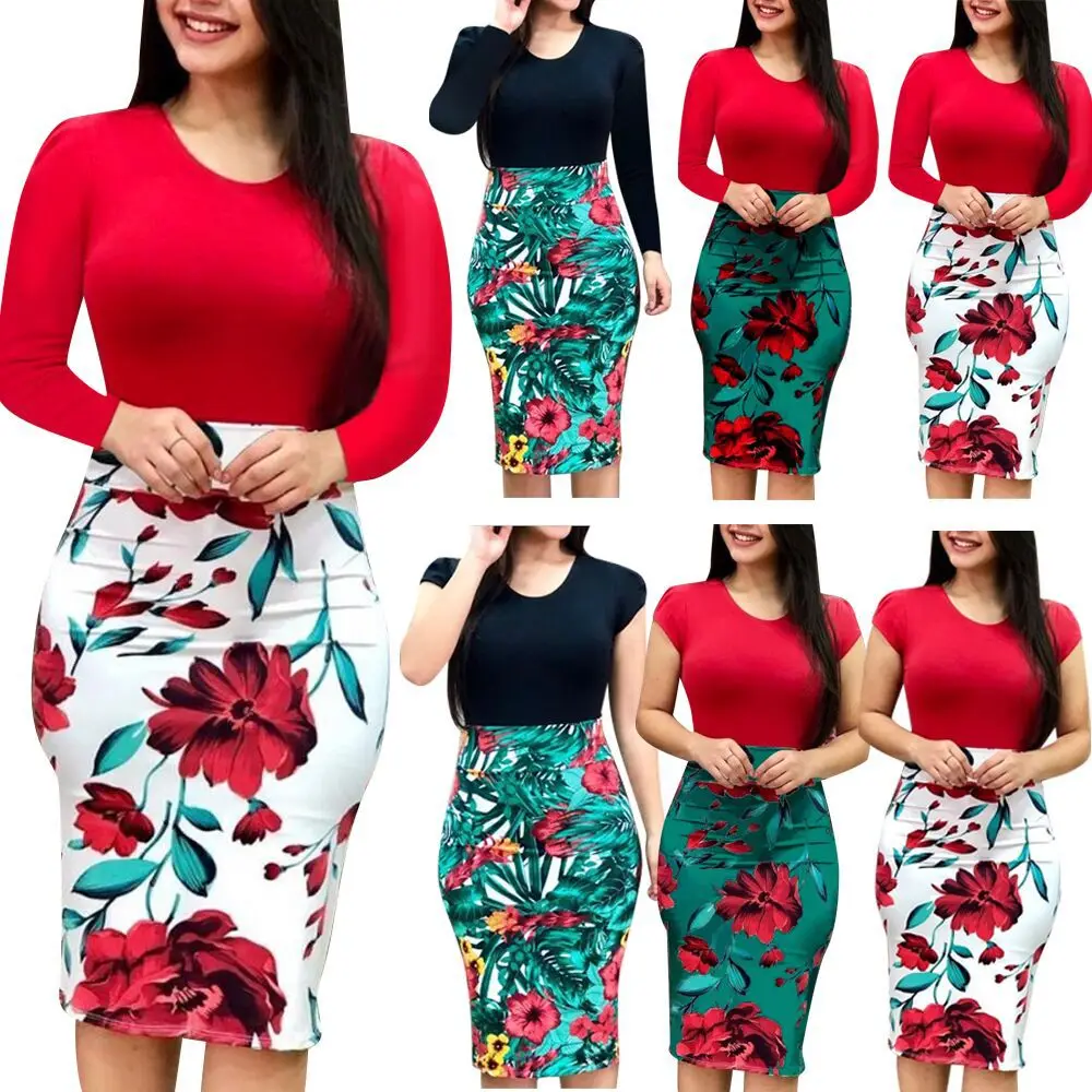 

Wholesale Ladies Long Sleeve Floral Boho Dress Party Tight Round Neck Knee-Length Skirts, 6colors