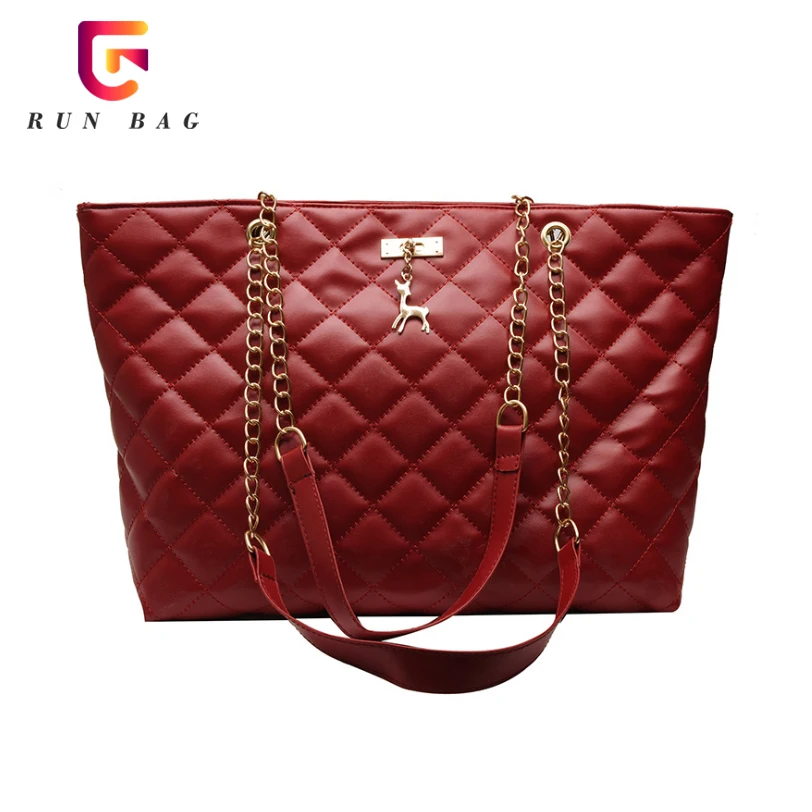 

2020 Best Selling Women Faux Leather Large Quilted Handbag With Chain Strap, 4 colors or customized