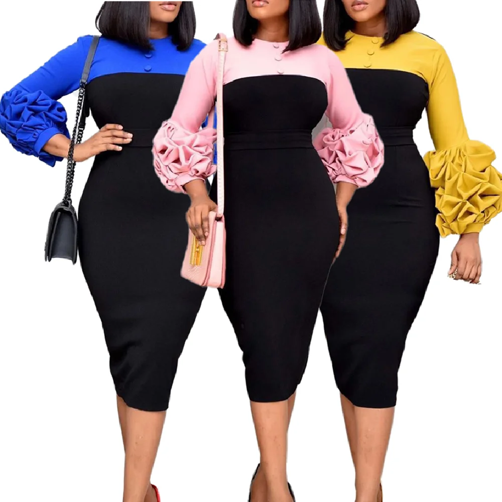

D3109 2022 New Arrival High Quality Ladies Office Dress Puff Sleeve O Neck Plus Size Career Dresses Women Elegant Casual Dresses