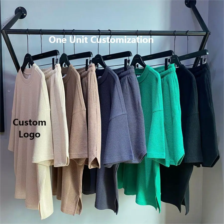

High Quality Summer Waffle Tshirt and Shorts Set Custom Logo Cotton Mens Shorts And T Shirt Sets Short and Tshirt Set For Men