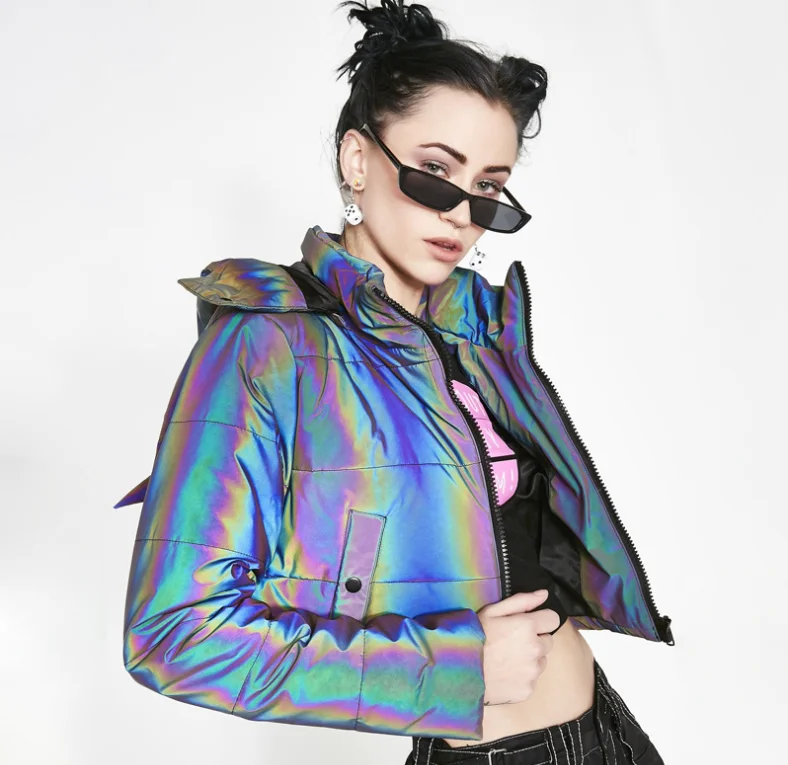 

Sexy Women Club Party Wear Crop Top Cotton Reflective Hoodie Coat, Mixed color