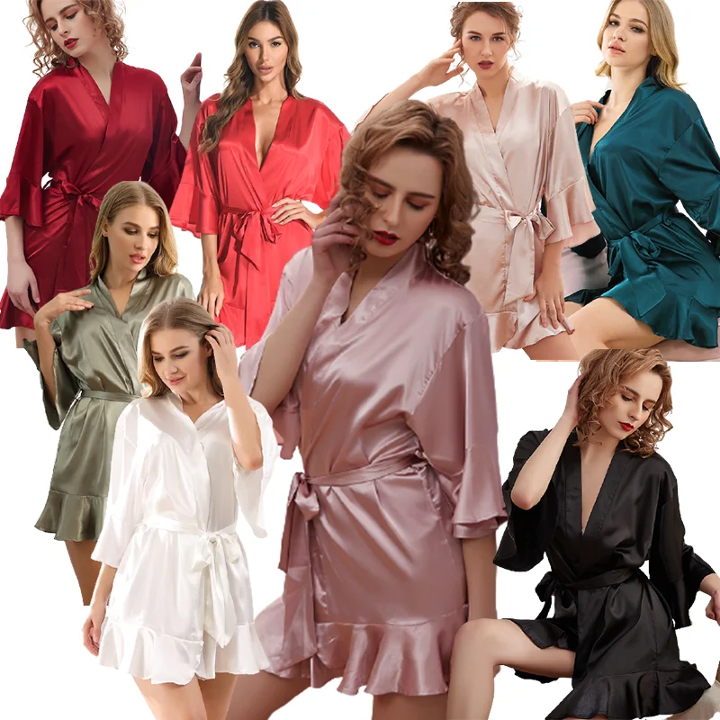 

High Quality Kimono Bridesmaid Solid Color Ruffle Silky Satin Sleepwear Pijama Women Wedding Bridal Robes, Many different colors, contact with us