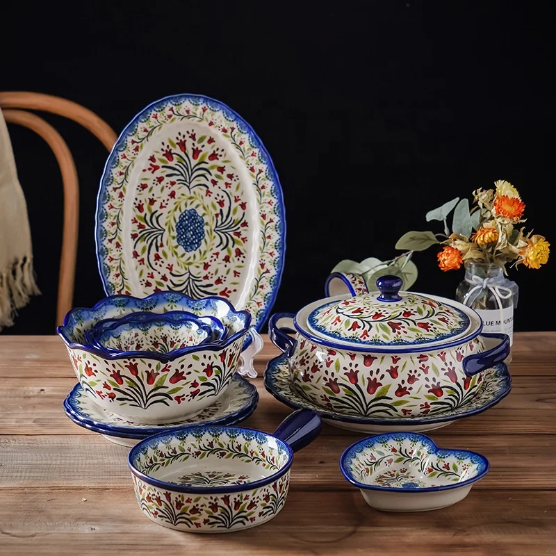 

Polish Style Retro Floral Dim Sum Salad Ceramic Porcelain Bowl Plate Assiette Tableware Dinner Set, As picture showing