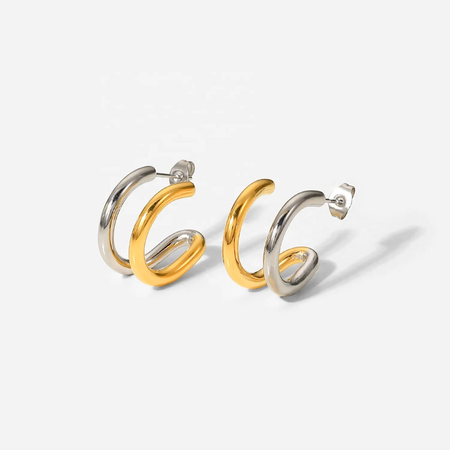 

18k Gold Plated Stainless Steel Layer Connect Color Earring Jewelry Geometric Double Layer Line CC Shaped Earrings for Women