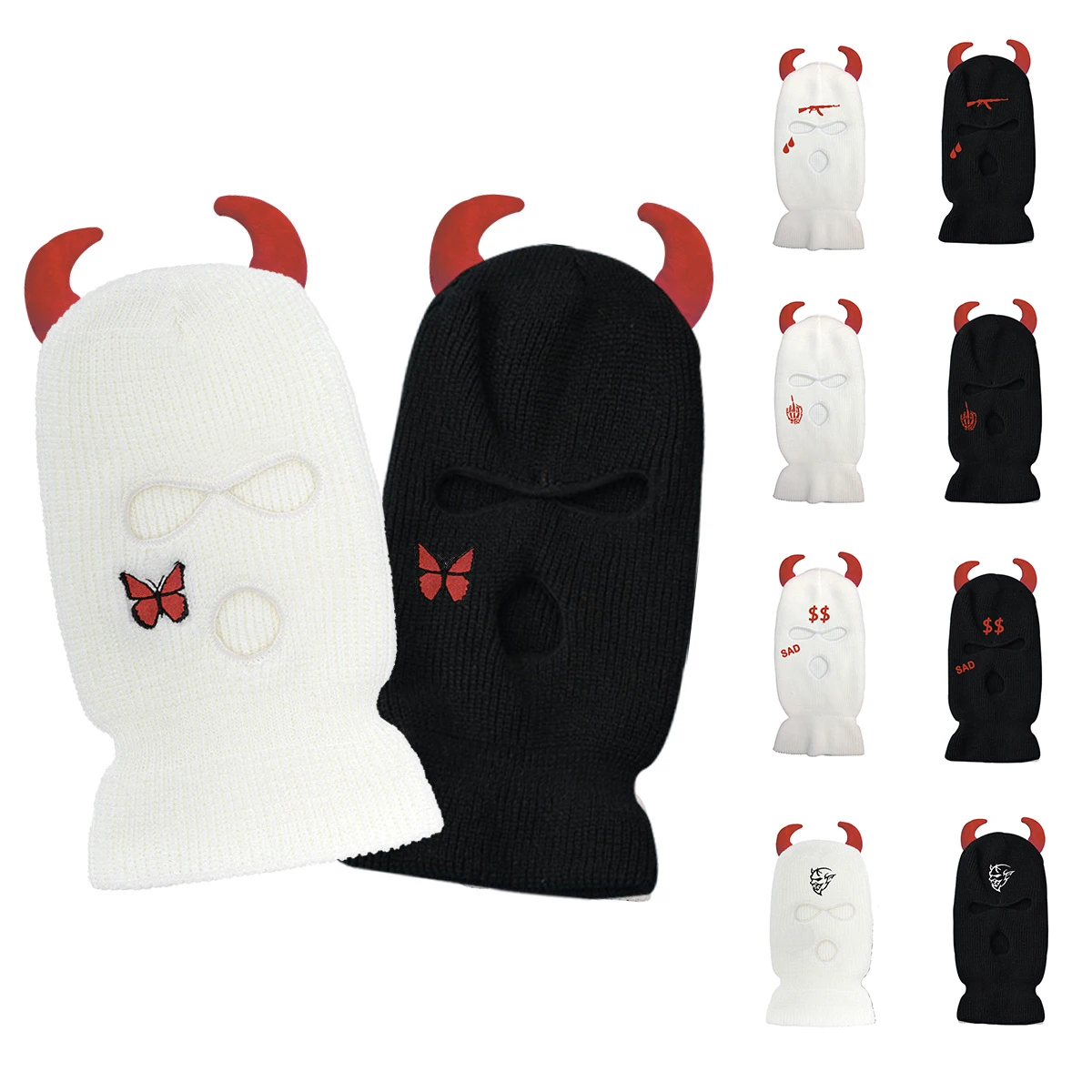 

Sublimation Custom Logo Winter Horn Embroidered Knitted Hat 3 Hole Full Face Cover Ski Mask Balaclava With Horn