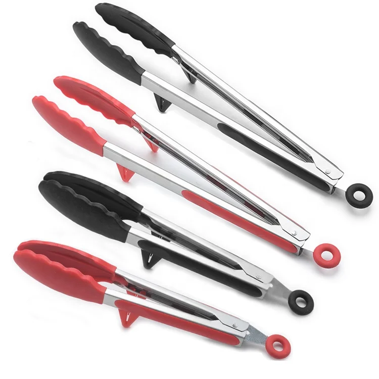 

home kitchen 9 inch 12 inch silicone food tongs set with stand, Red/ black /pink/ customized