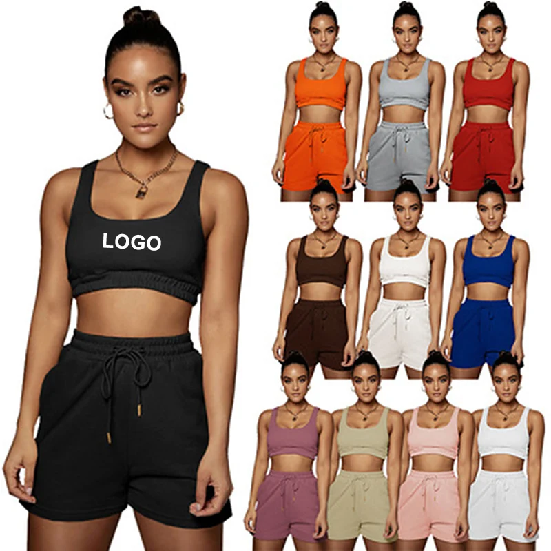 

custom logo designer wholesale female women clothing crop top shorts set two piece sport jogging jogger short set outfit, Blue,black,white,khaki,red,coffee,orange etc