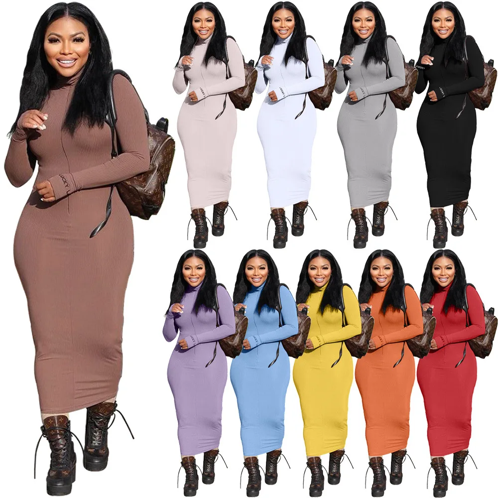 

Woman's Clothing Amazon Solid Thread Long Sleeve Casual Dress For Women Turtleneck Bodycon Long Dress