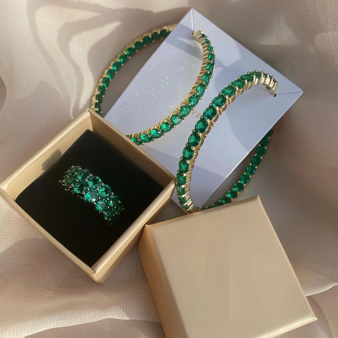 

18k Gold color prong set green blue cubic zirconia cz big huggie hoop earring, Rose gold